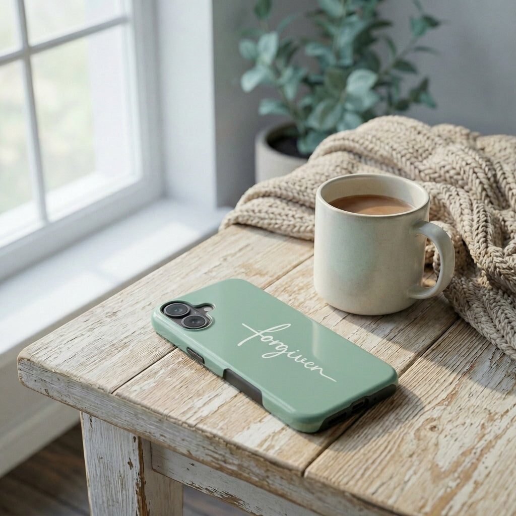 Handyhülle Glaube FORGIVEN in Eukalyptus auf rustikalem Holztisch neben Kaffeetasse, Lifestyle