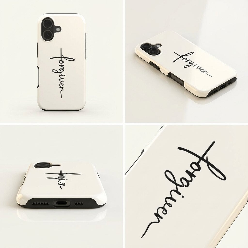 Handyhülle mit Motiv FORGIVEN in Weiß mit schwarzem Schriftzug in Kreuzform, Produktansicht