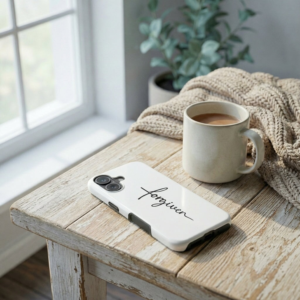Handyhülle Glaube mit FORGIVEN Schriftzug auf Holztisch neben Kaffeetasse und Pflanze, Lifestyle