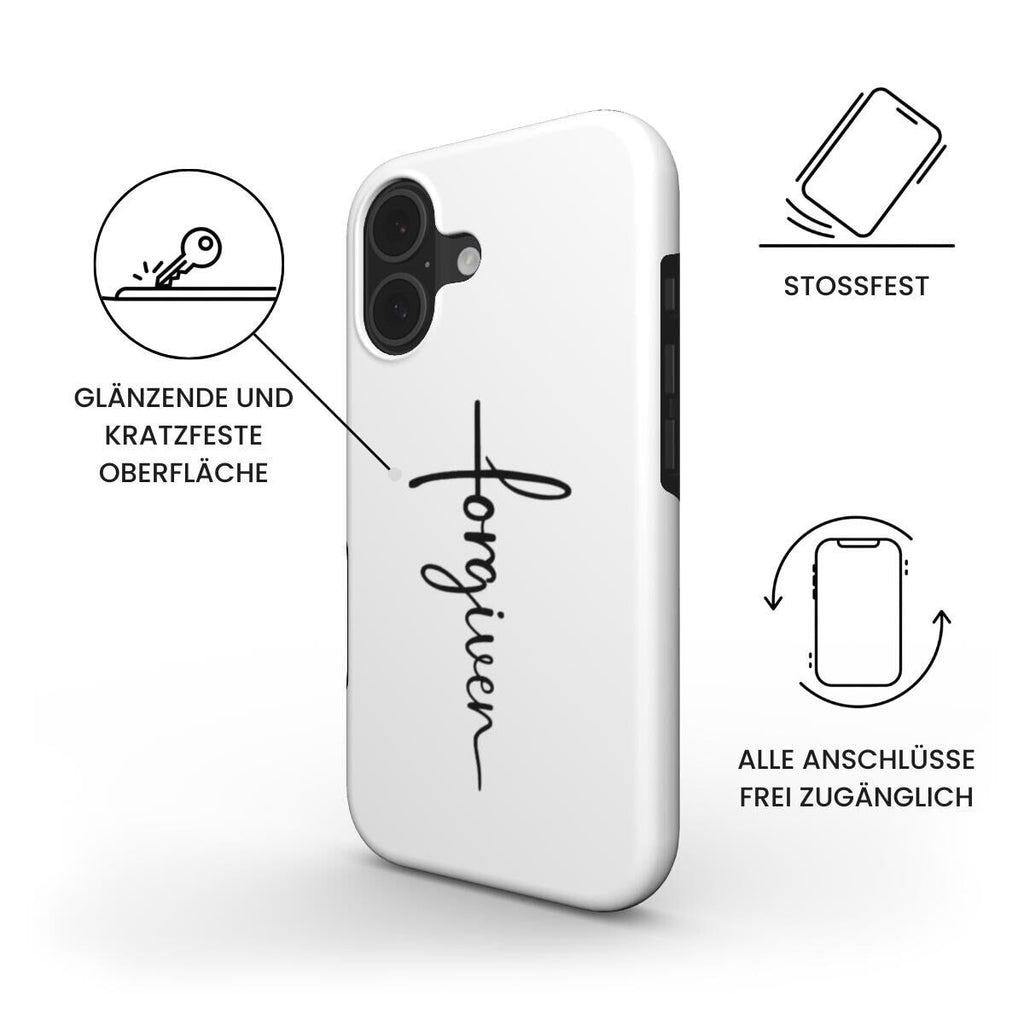 Robuste Handyhülle weiß mit FORGIVEN Schrift als Kreuz-Design, Features-Infografik, Produktbild
