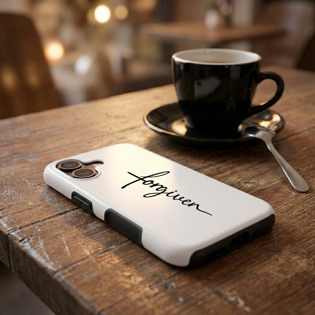 Handyhülle mit Motiv FORGIVEN in Weiß auf Holztisch neben schwarzer Kaffeetasse im Café, Lifestyle