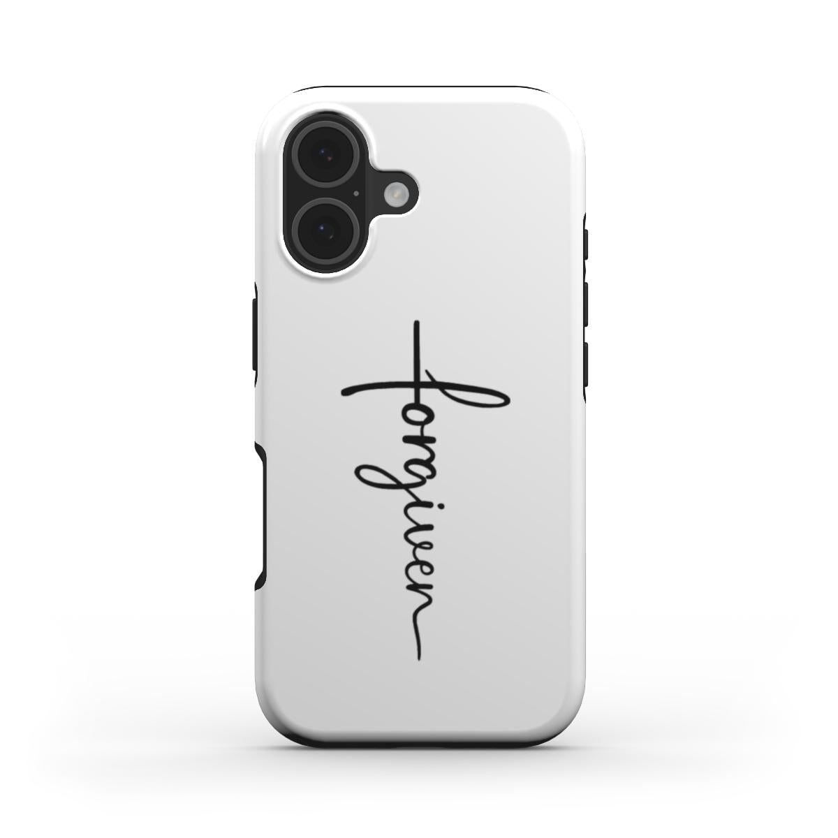 Christliche Handyhülle weiß mit FORGIVEN Schriftzug und Kreuz-Symbol für iPhone, Vorderseite