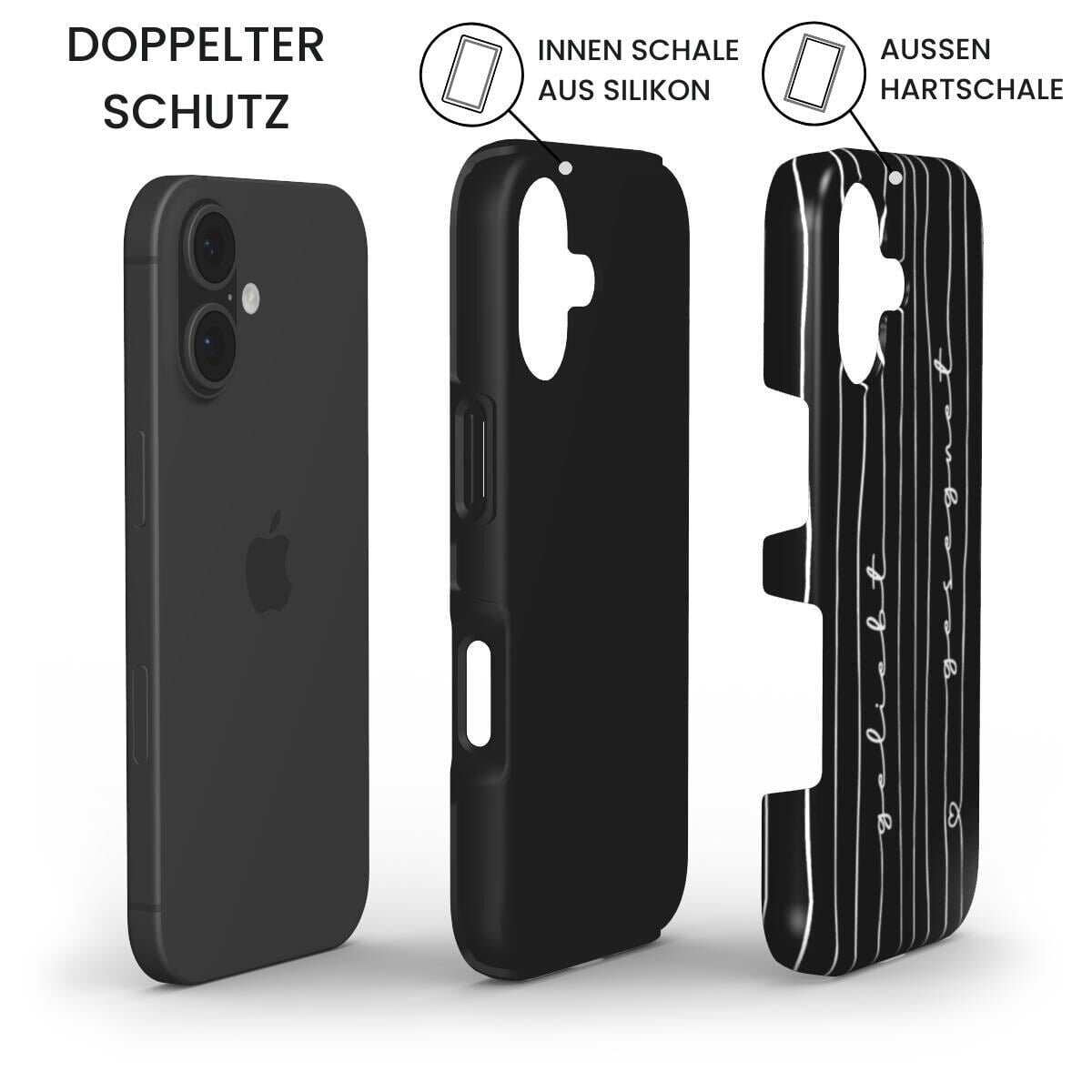 Robuste Handyhülle GELIEBT GESEGNET mit doppeltem Schutz: iPhone, Silikon-Innenschale und Hartschale – Infografik