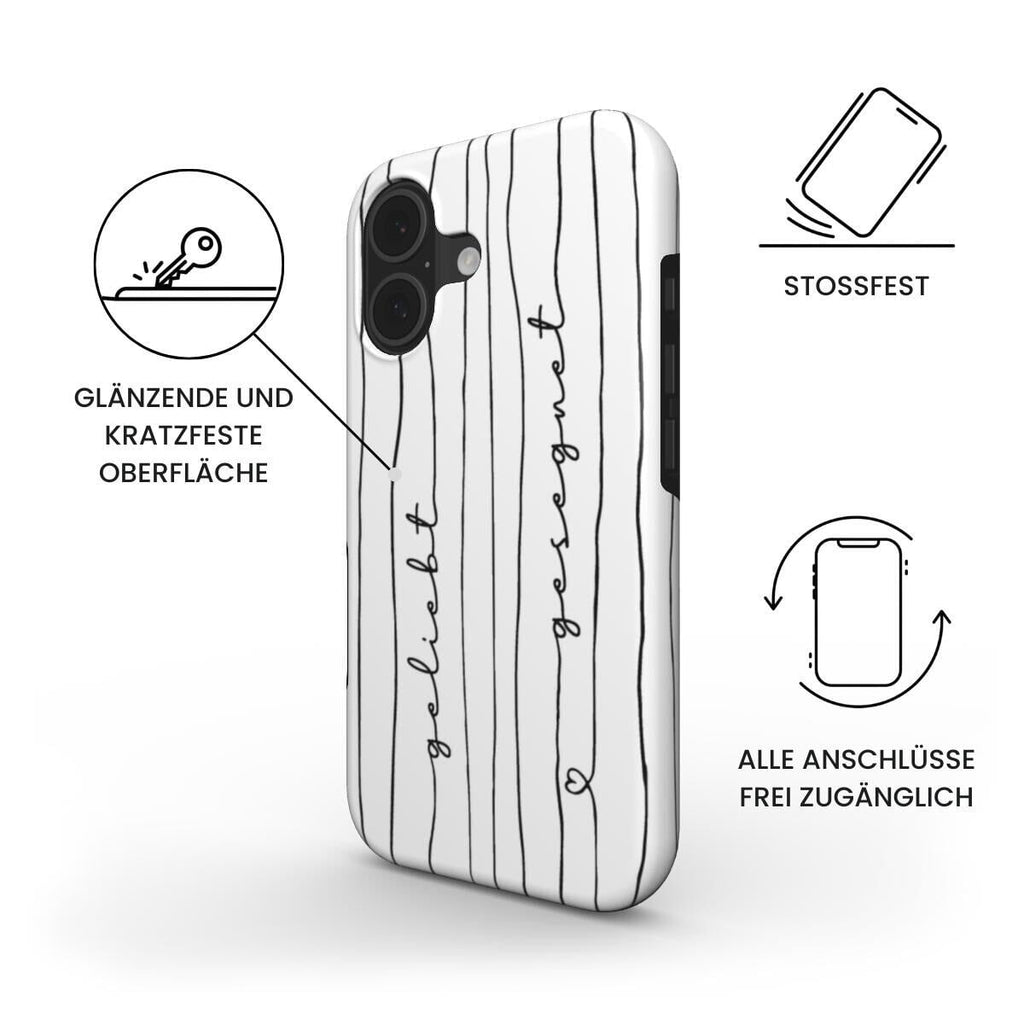 Robuste Handyhülle GELIEBT GESEGNET in Weiß mit Produktfeatures – Infografik