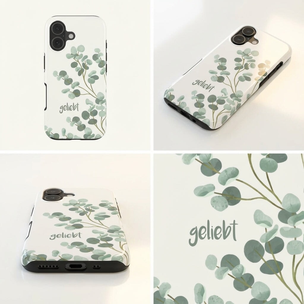 Handyhülle mit Motiv GELIEBT in vier Ansichten mit weißem Hintergrund und Eukalyptus-Design – Produktansicht