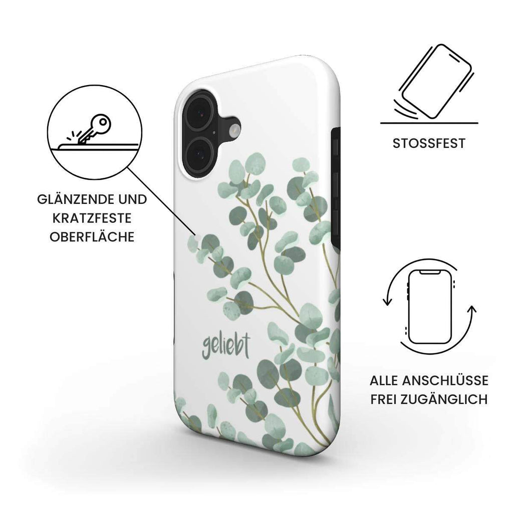 Robuste Handyhülle GELIEBT in Weiß mit botanischem Eucalyptus-Design – Produktgrafik