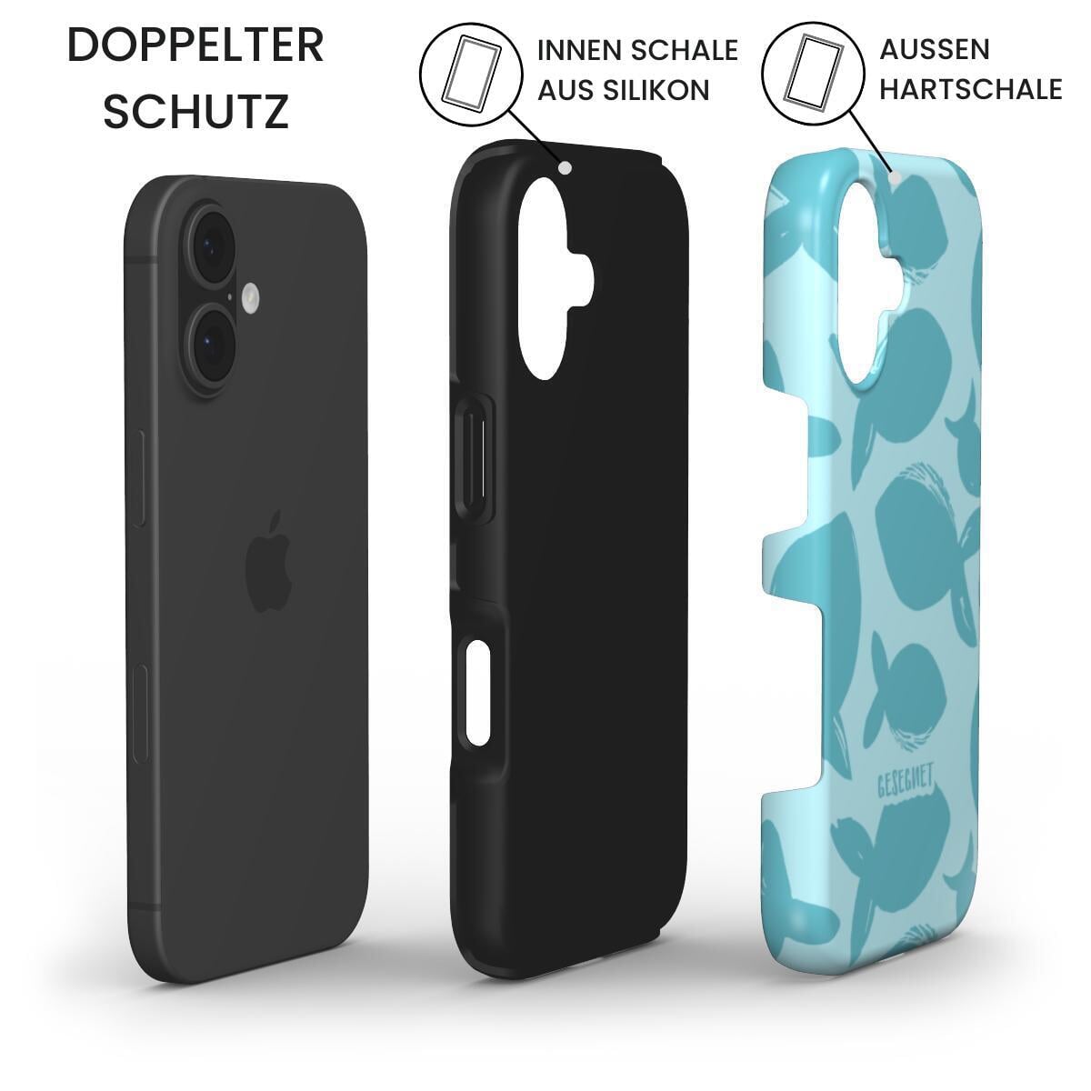 Robuste Handyhülle GESEGNET zeigt doppelten Schutz: iPhone, Silikon-Innenschale und blaue Hartschale – Infografik
