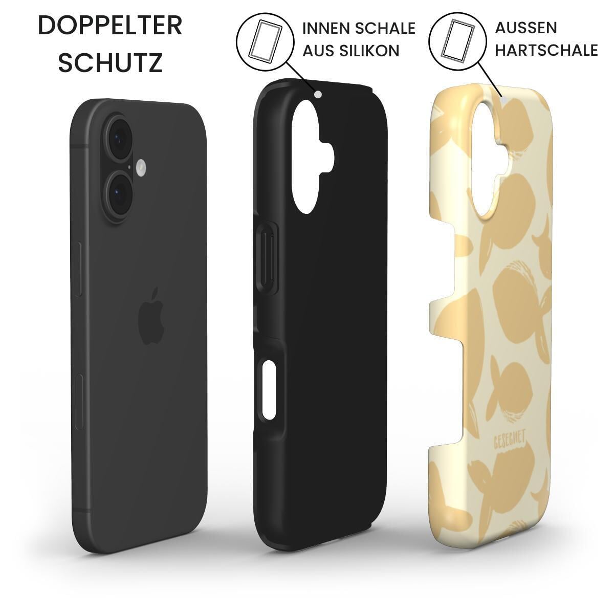 Robuste Handyhülle GESEGNET zeigt doppelten Schutz mit iPhone, Silikon-Innenschale und gelber Hartschale – Infografik