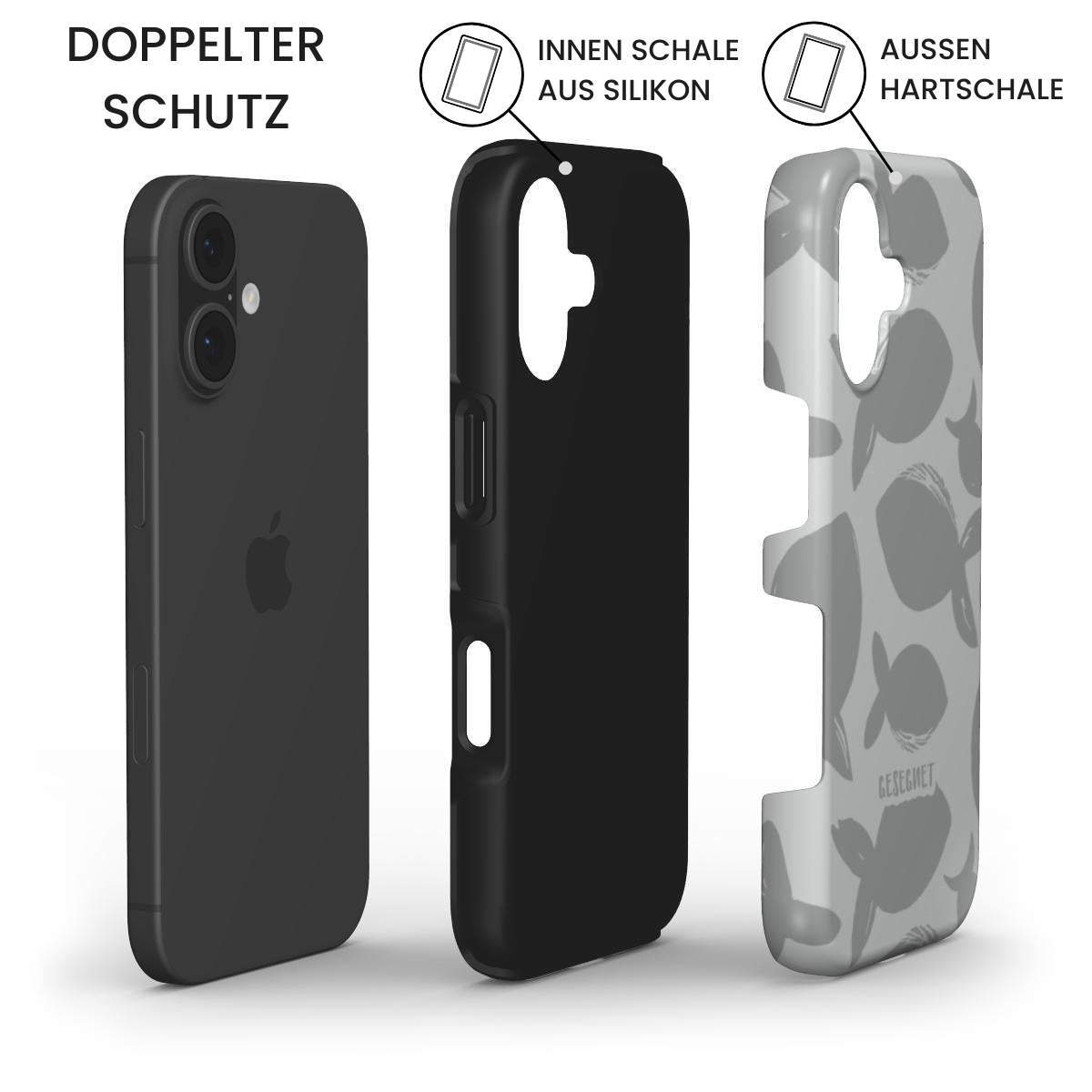 Robuste Handyhülle GESEGNET zeigt iPhone mit schwarzer Silikonschale und grauer Hartschale – Infografik