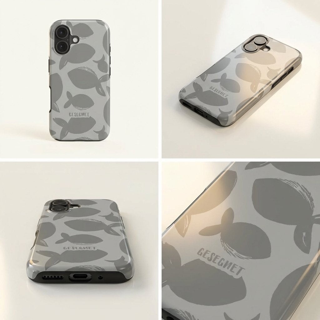 Hochwertige Handyhülle GESEGNET in vier Ansichten mit grauem Fischsilhouetten-Muster – Produktfotografie