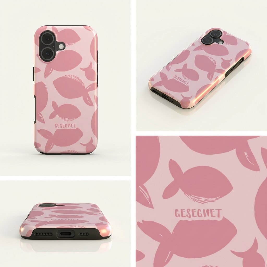 Hochwertige Handyhülle GESEGNET in Rosa mit Fisch-Muster, Nahaufnahme des Designs und Logos – Detailansicht