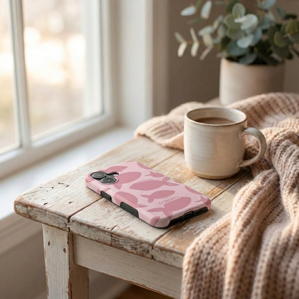 Handyhülle Glaube GESEGNET in Rosa liegt auf weißer Holzbank neben Kaffeetasse und Pflanze – Lifestyle