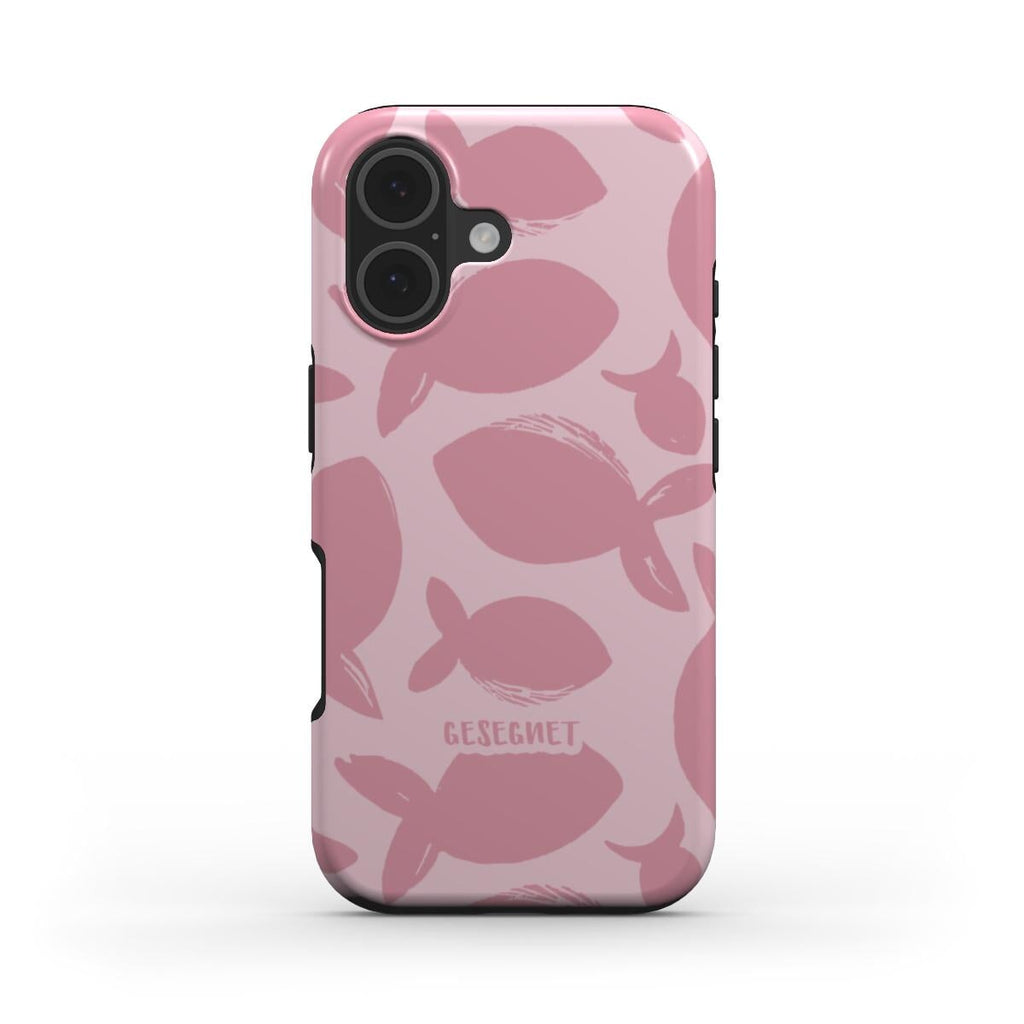 Christliche Handyhülle GESEGNET in Rosa mit Fisch-Muster und schwarzen Kanten für iPhone – Vorderseite