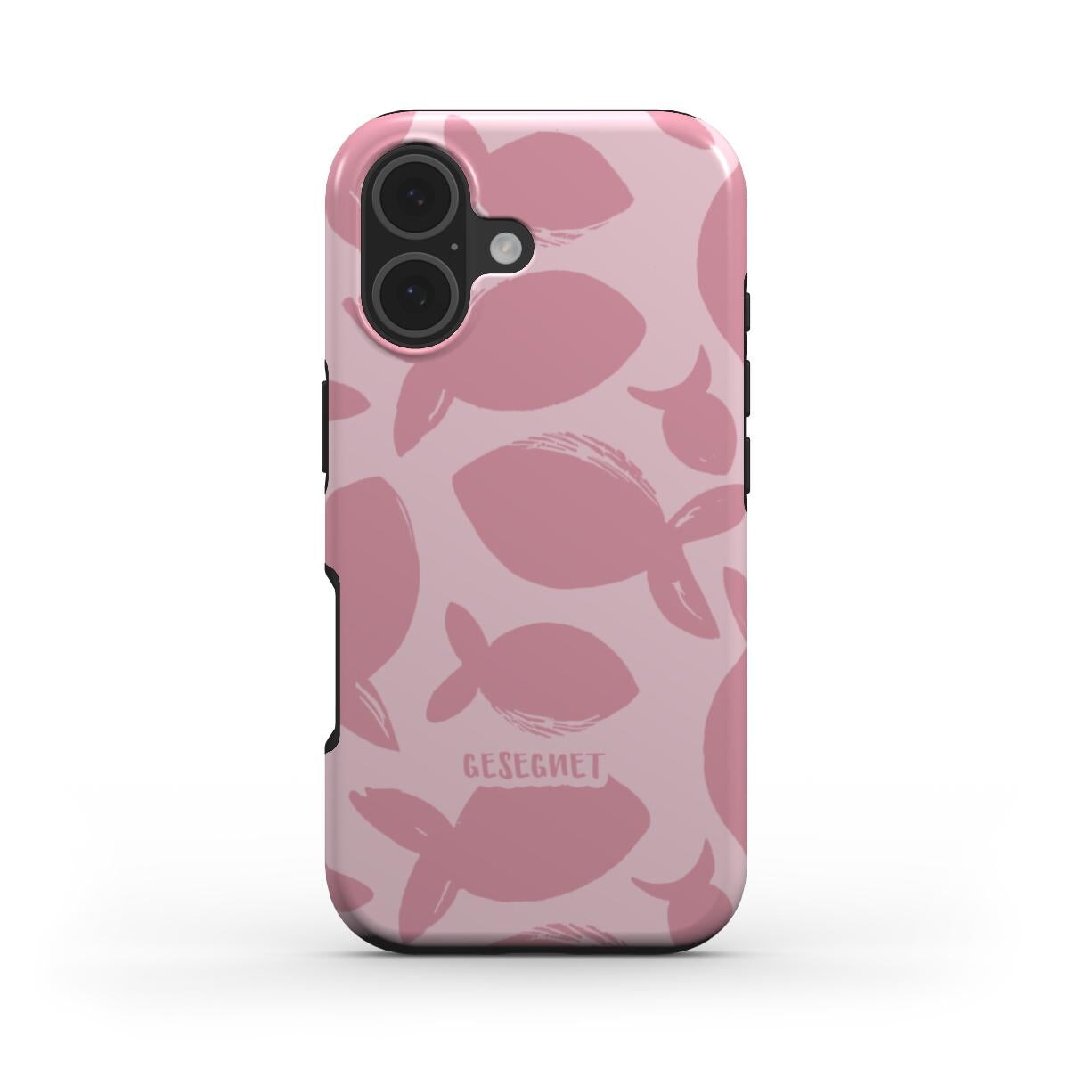 Christliche Handyhülle GESEGNET in Rosa mit Fisch-Muster und schwarzen Kanten für iPhone – Vorderseite