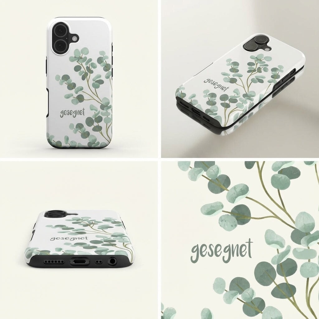 Robuste Handyhülle GESEGNET mit Eucalyptus-Motiv in vier Ansichten, Produktdisplay