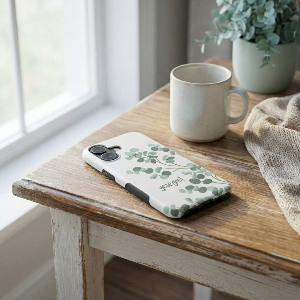 Handyhülle mit Motiv GESEGNET in Weiß mit botanischem Eukalyptus-Design auf Holztisch – Lifestyle