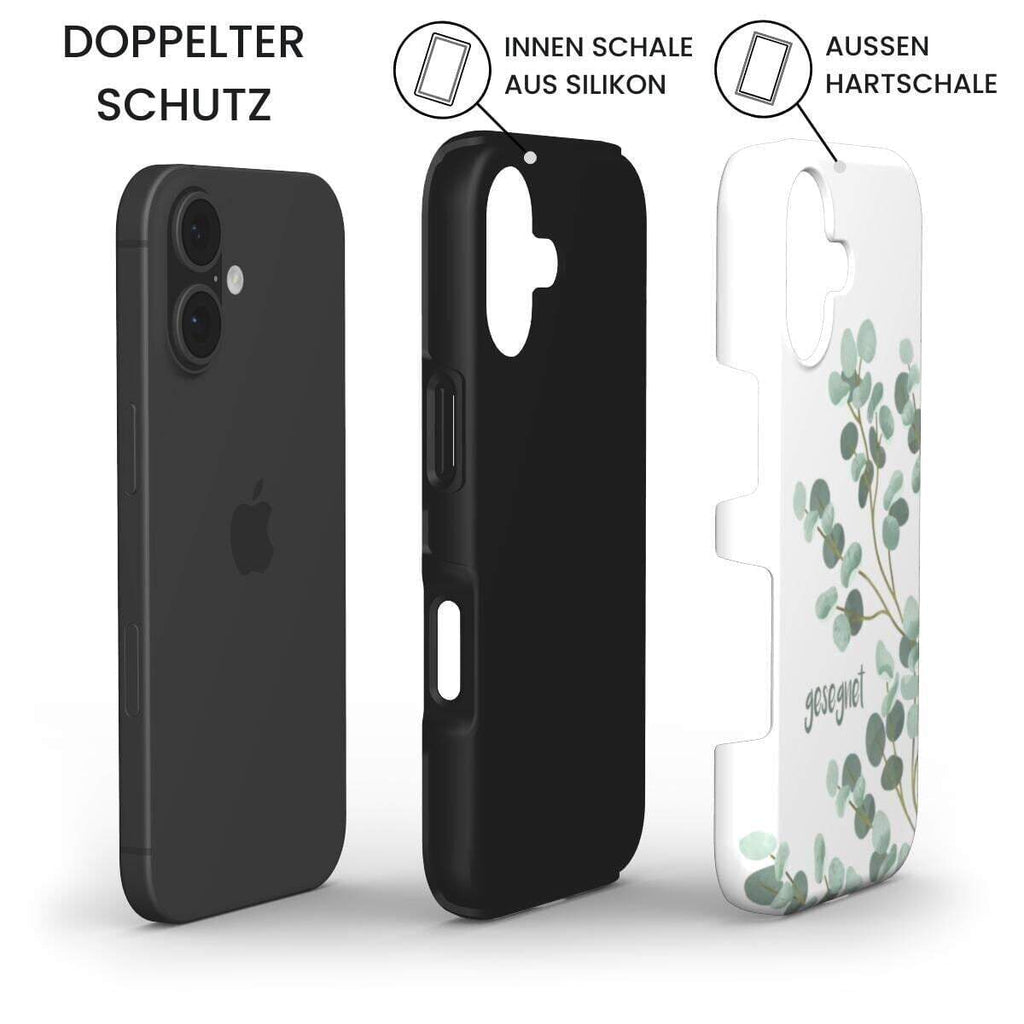 Robuste Handyhülle GESEGNET mit doppeltem Schutz, iPhone, schwarze Silikonschale und weiße Hartschale, Infografik