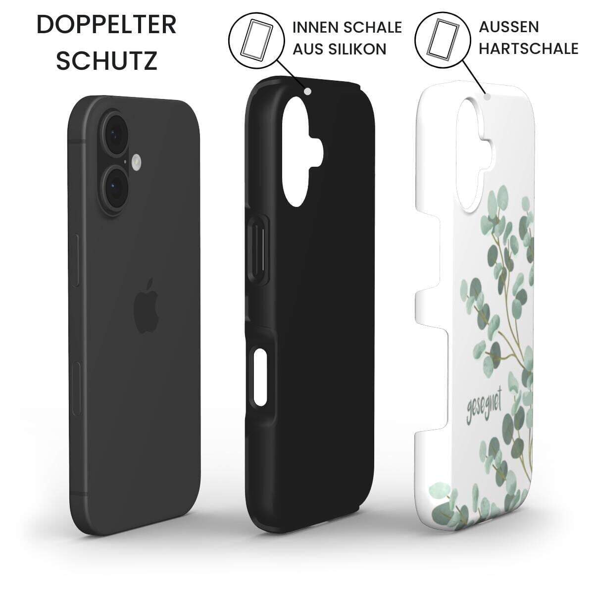Robuste Handyhülle GESEGNET mit doppeltem Schutz, iPhone, schwarze Silikonschale und weiße Hartschale – Infografik