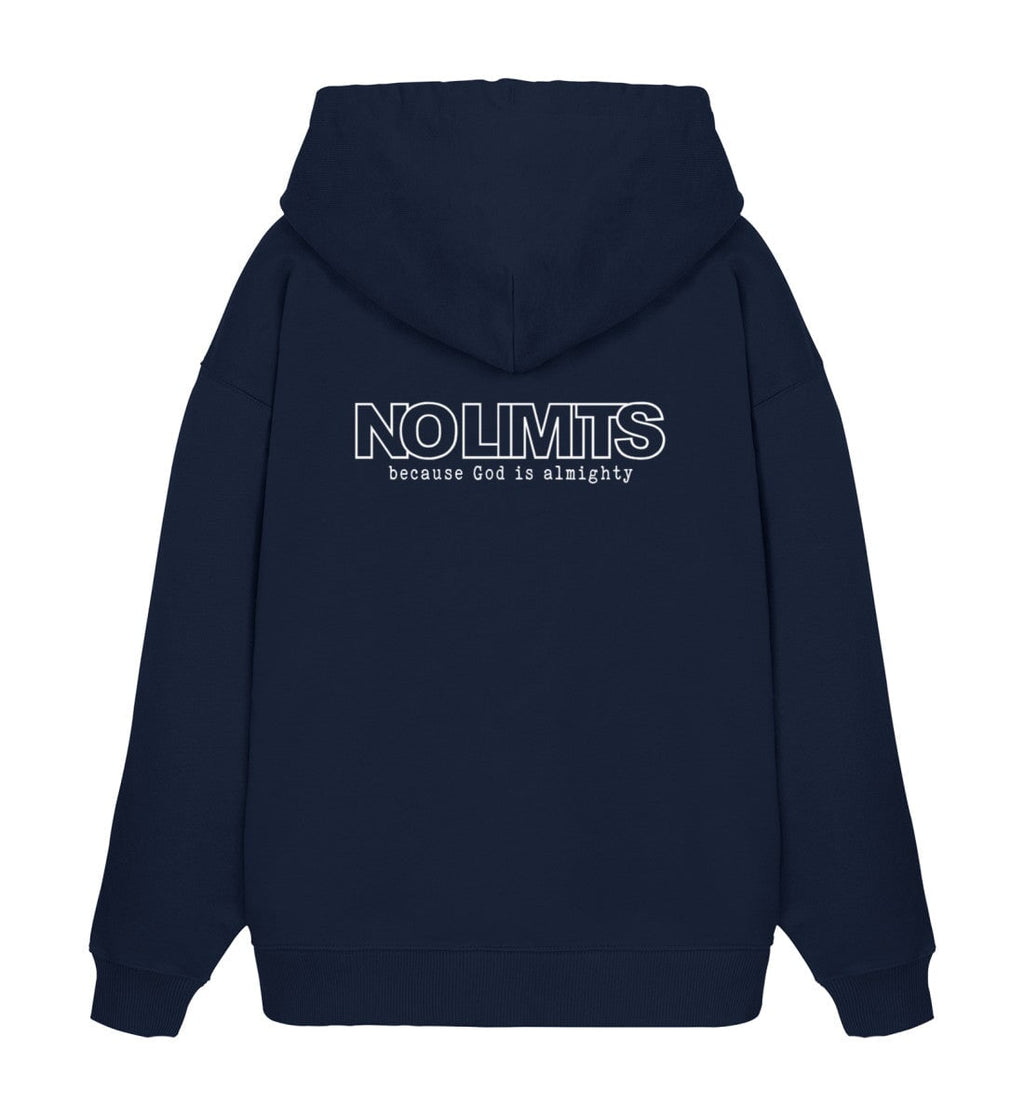 Christlicher Oversized Hoodie GOD IS ALMIGHTY in Dunkelblau, Rückansicht mit Rückenprint, 100% Bio-Baumwolle