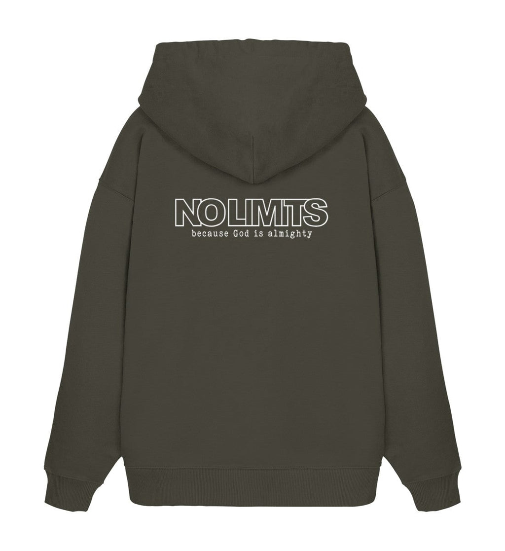 Christlicher Oversized Hoodie GOD IS ALMIGHTY in Khaki, Rückansicht mit Rückenprint, 100% Bio-Baumwolle