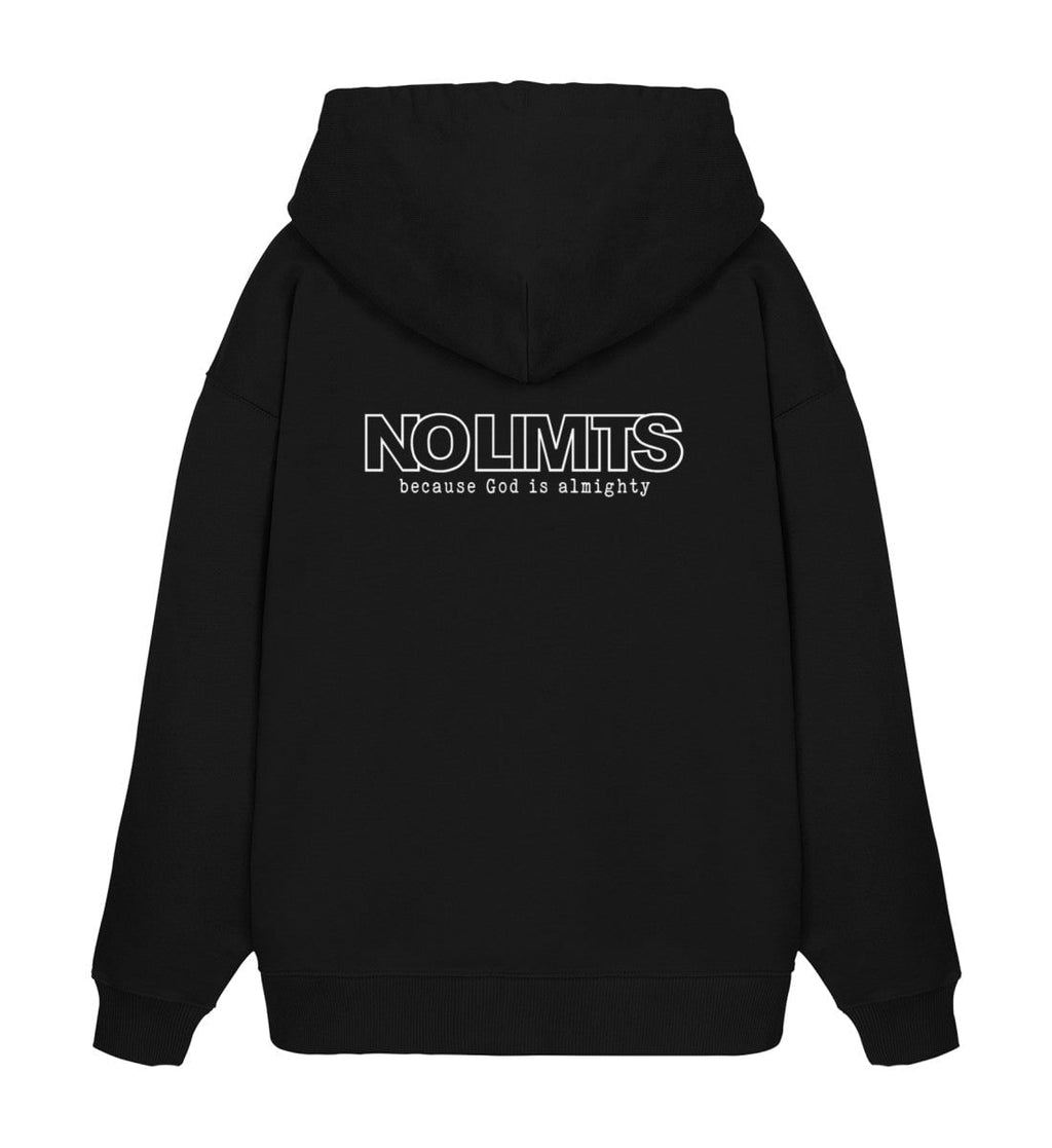 Christlicher Oversized Hoodie GOD IS ALMIGHTY in Schwarz, Rückansicht mit Rückenprint, 100% Bio-Baumwolle
