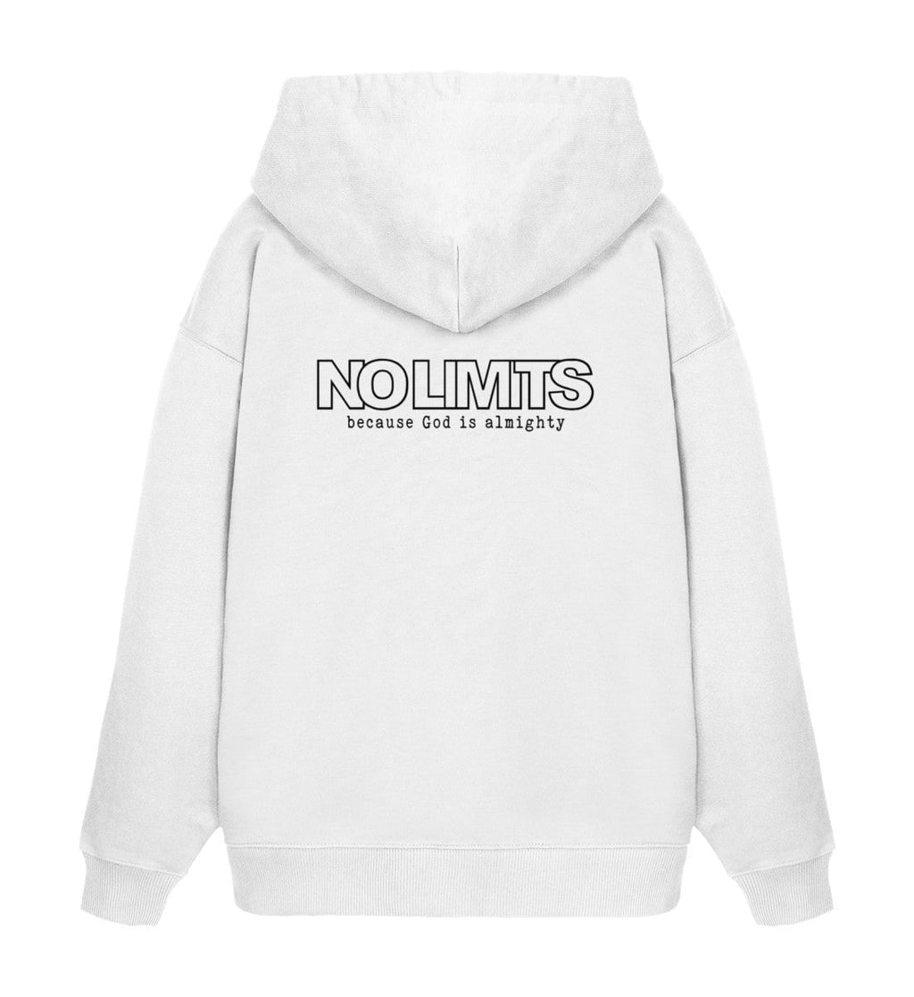Christlicher Oversized Hoodie GOD IS ALMIGHTY in Weiß, Rückansicht mit Rückenprint, 100% Bio-Baumwolle