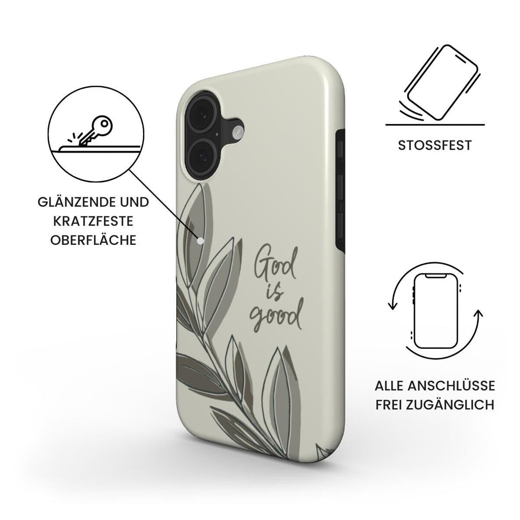 Robuste Handyhülle in Creme mit God is good Schriftzug und Features-Infografik – Produktfeatures