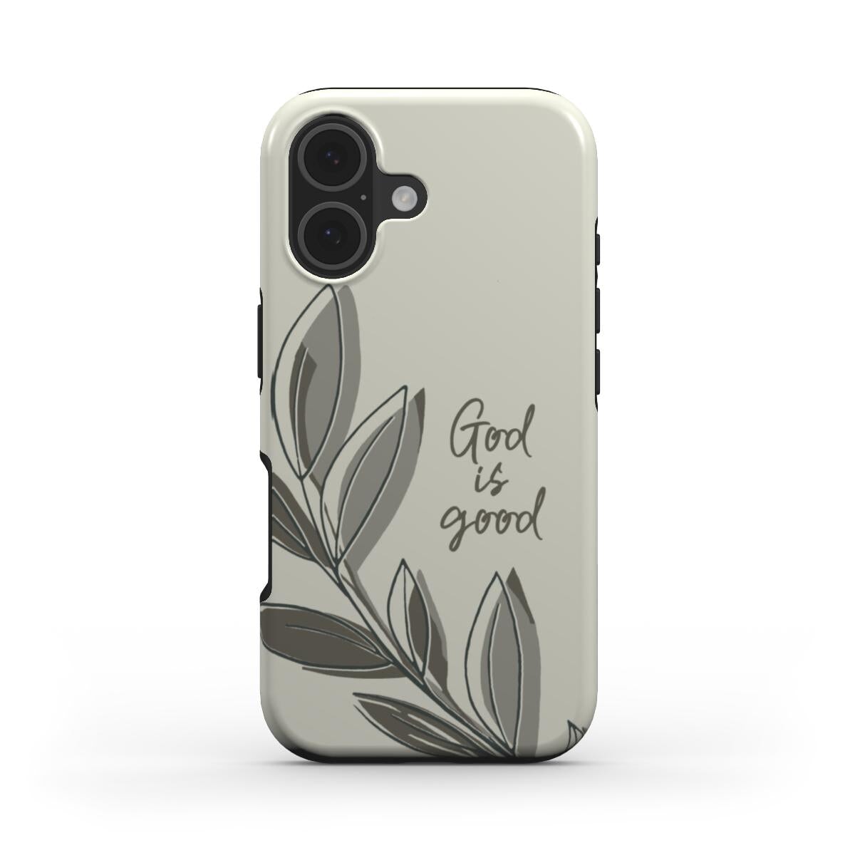 Christliche Handyhülle God is good in Creme mit botanischen Blättern und schwarzen Kanten – Vorderseite