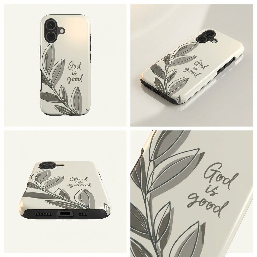 Handyhülle mit Motiv God is good in Creme mit grauen botanischen Elementen und schwarzen Kanten – Produktansicht