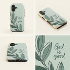 Hochwertige Handyhülle God is good in mint-grün mit botanischen Blättern in vier Ansichten – Produktübersicht