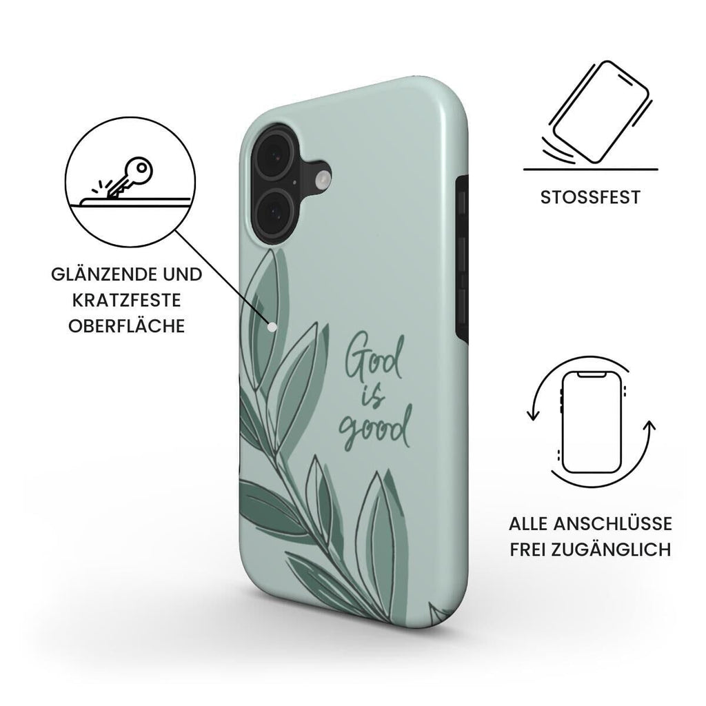 Robuste Handyhülle God is good in Mint mit botanischen Blättern und Produktfeatures – Infografik