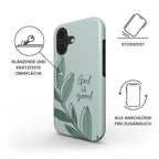Robuste Handyhülle God is good in Mint mit botanischen Blättern und Produktfeatures – Infografik