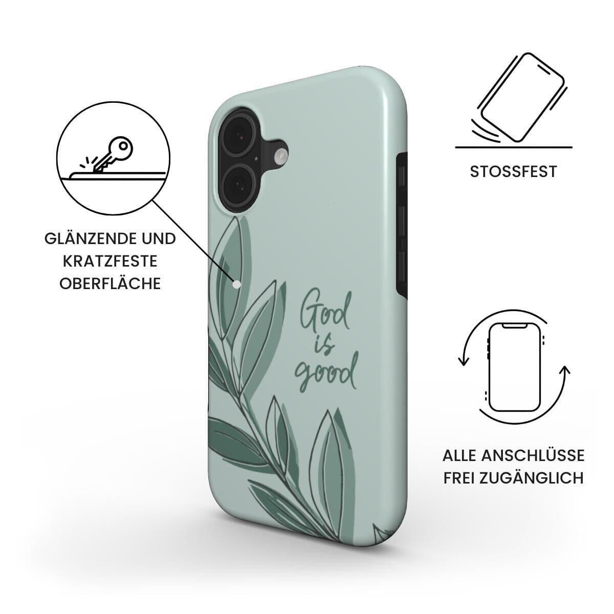 Robuste Handyhülle God is good in Mint mit botanischen Blättern und Produktfeatures – Infografik