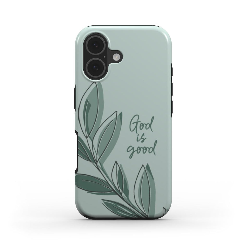 Christliche Handyhülle God is good in mint-grün mit botanischem Blatt-Motiv auf weißem Hintergrund – Vorderseite