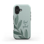 Christliche Handyhülle God is good in mint-grün mit botanischem Blatt-Motiv auf weißem Hintergrund – Vorderseite