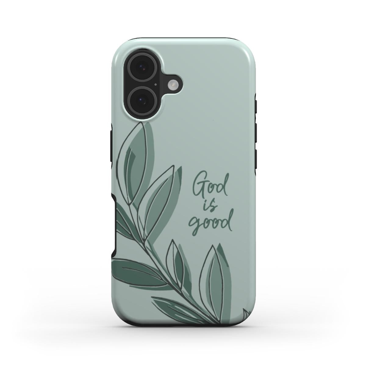 Christliche Handyhülle God is good in mint-grün mit botanischem Blatt-Motiv auf weißem Hintergrund – Vorderseite