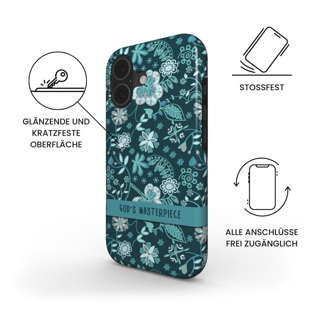 Robuste Handyhülle God's Masterpiece in Petrol mit floralem Muster in Türkis und Mint – Infografik