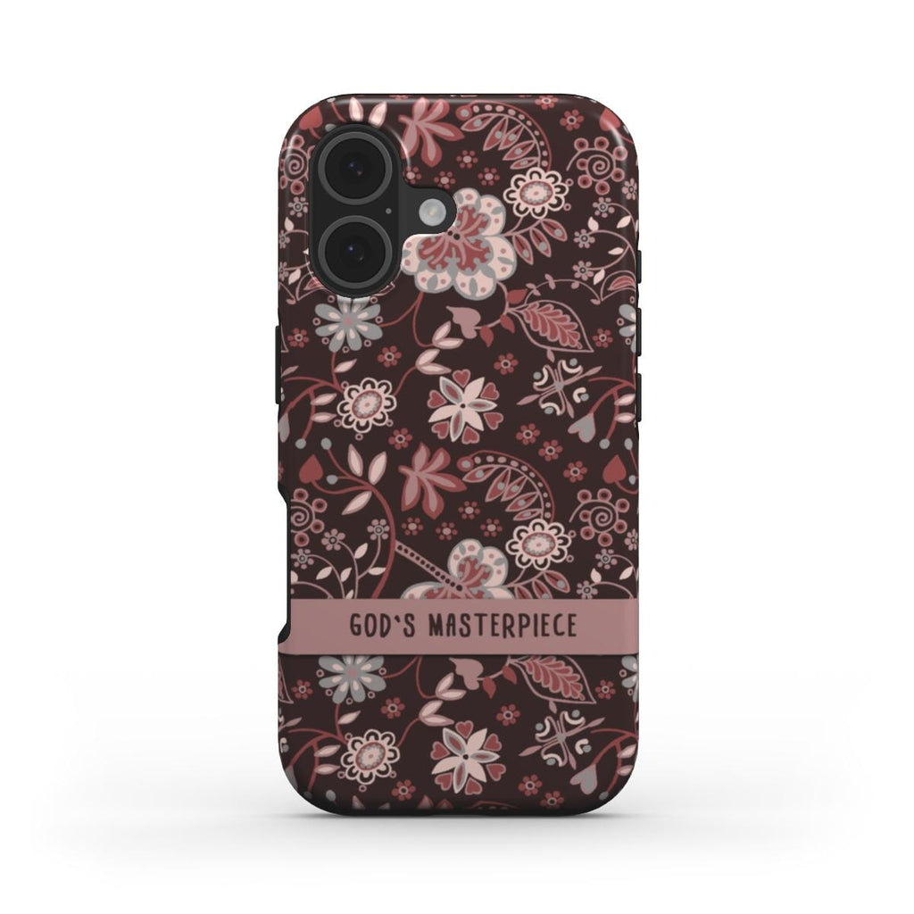 Christliche Handyhülle God's Masterpiece in Rose mit floralem Paisley-Muster und mauvefarbenem Textband – Rückseite
