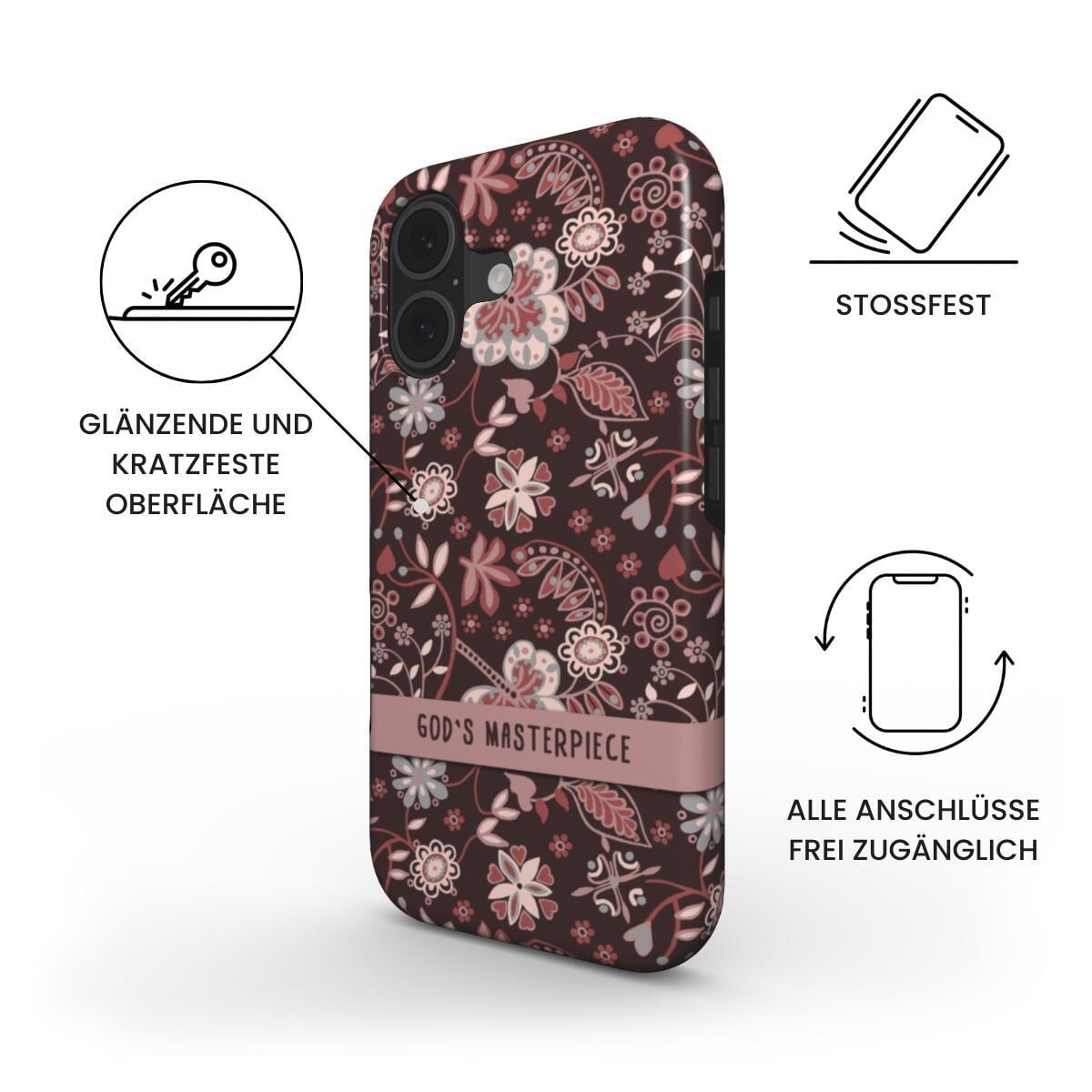 Robuste Handyhülle God's Masterpiece in Rose mit floralem Muster, Produktmerkmale: kratzfest, stoßfest – Infografik