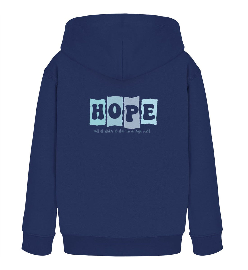 Christlicher Kinder-Hoodie HOPE - Gott ist stärker in Dunkelblau, Rückansicht mit Rückenprint, 100% Bio-Baumwolle