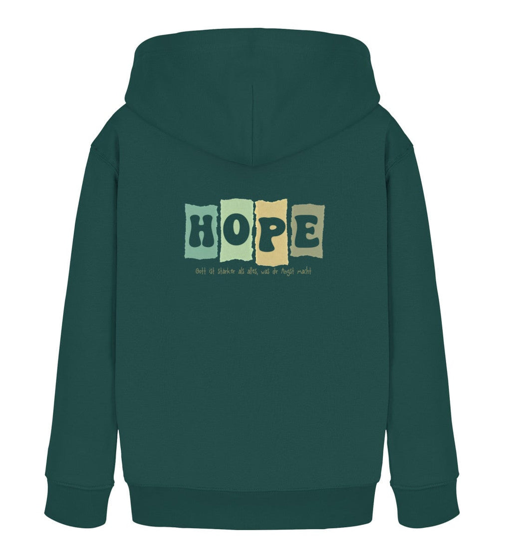 Christlicher Kinder-Hoodie HOPE - Gott ist stärker in Dunkelgrün, Rückansicht mit Rückenprint, 100% Bio-Baumwolle