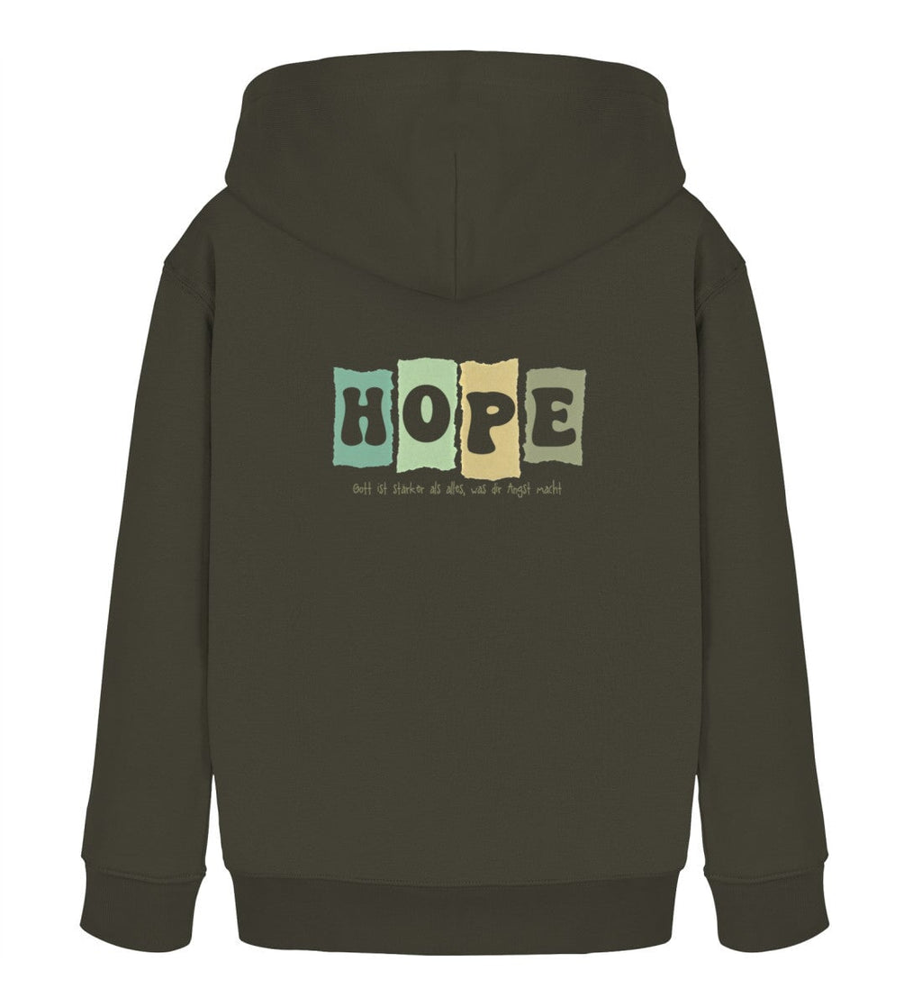 Christlicher Kinder-Hoodie HOPE - Gott ist stärker in Khaki, Rückansicht mit Rückenprint, 100% Bio-Baumwolle