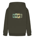 Christlicher Kinder-Hoodie HOPE - Gott ist stärker in Khaki, Rückansicht mit Rückenprint, 100% Bio-Baumwolle