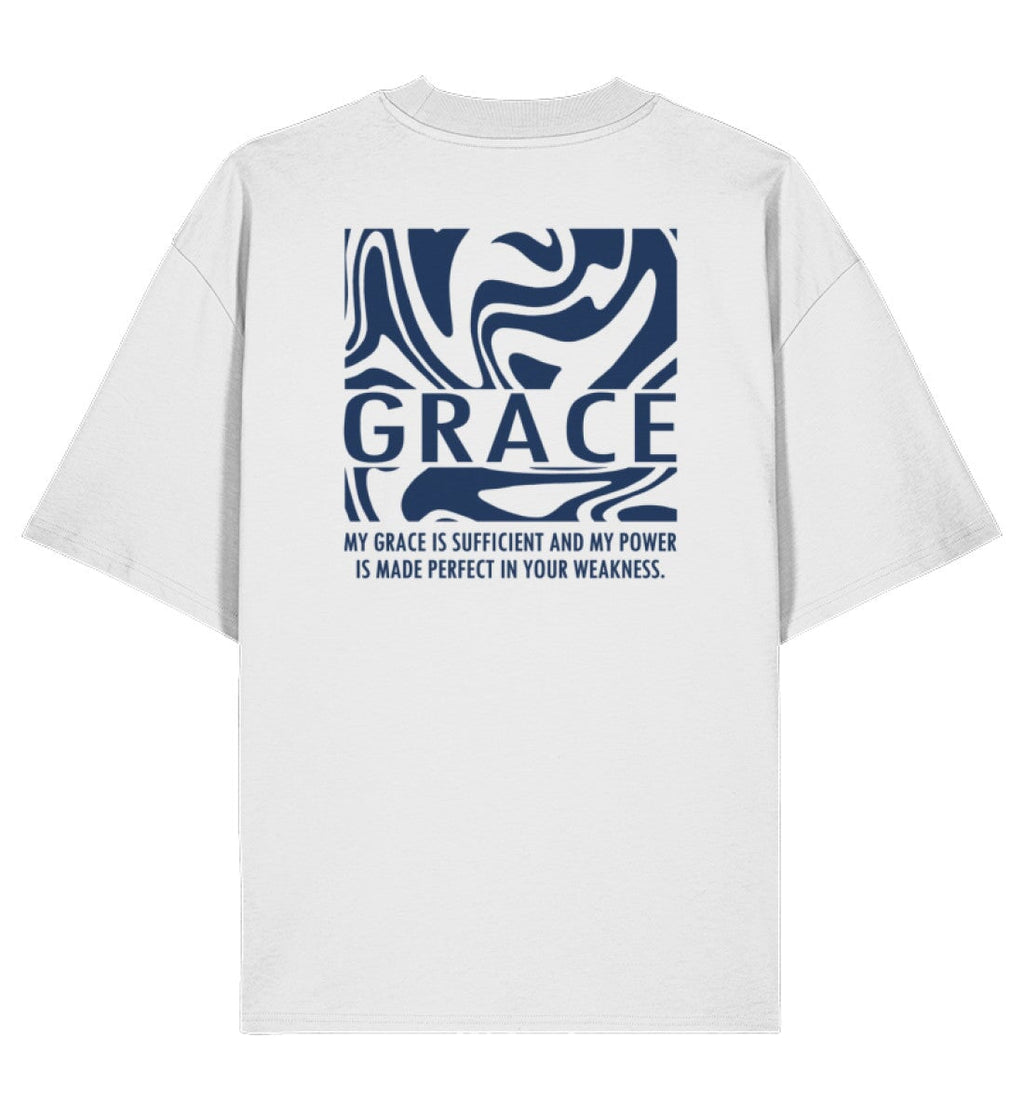 Christliches Oversized Shirt GRACE in Weiß, Rückansicht mit Rückenprint, 100% Bio-Baumwolle