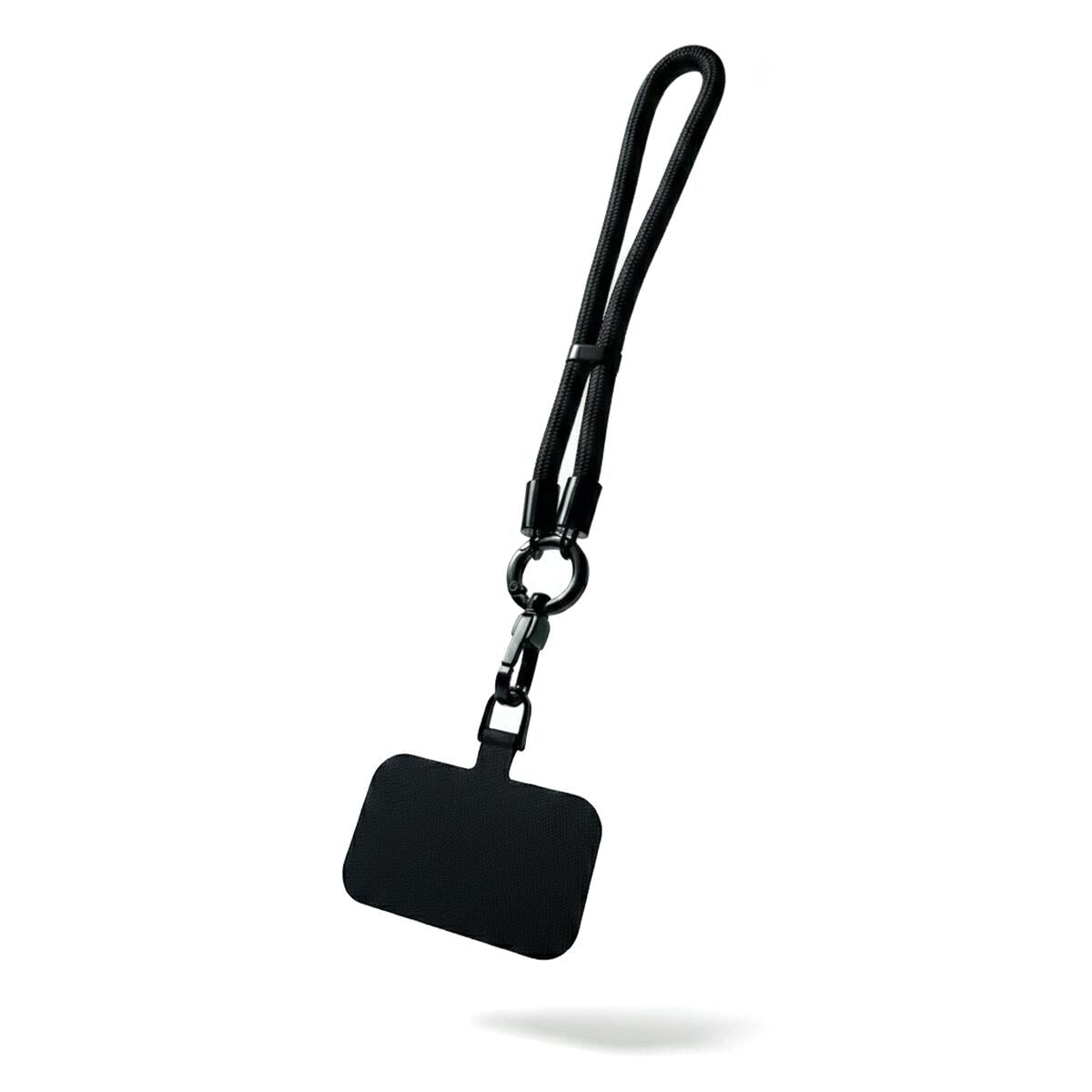 Handyschlaufe fürs Handgelenk in Schwarz aus Nylon, mit Karabiner und flachem Adapter