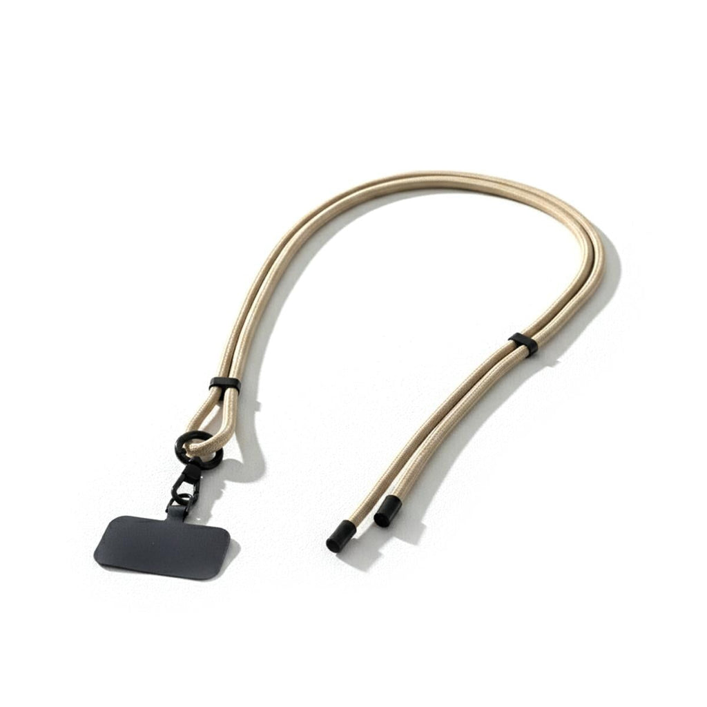 Handykette zum Umhängen in Beige aus Nylon, längenverstellbar, mit schwarzem Karabiner und flachem Adapter