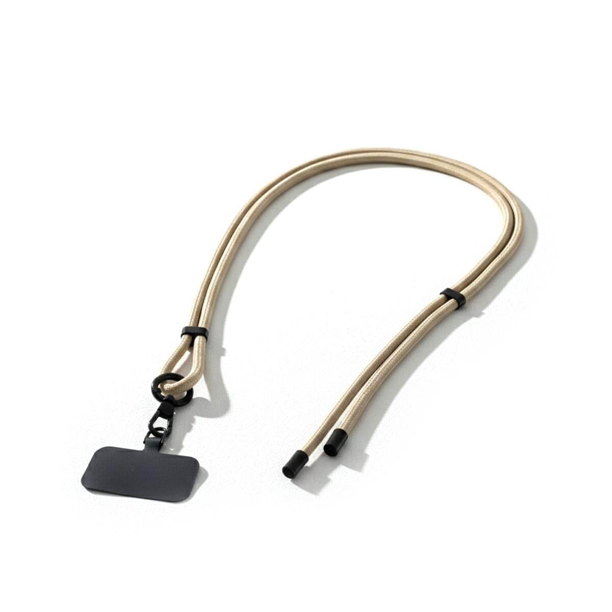 Handykette zum Umhängen in Beige aus Nylon, längenverstellbar, mit schwarzem Karabiner und flachem Adapter