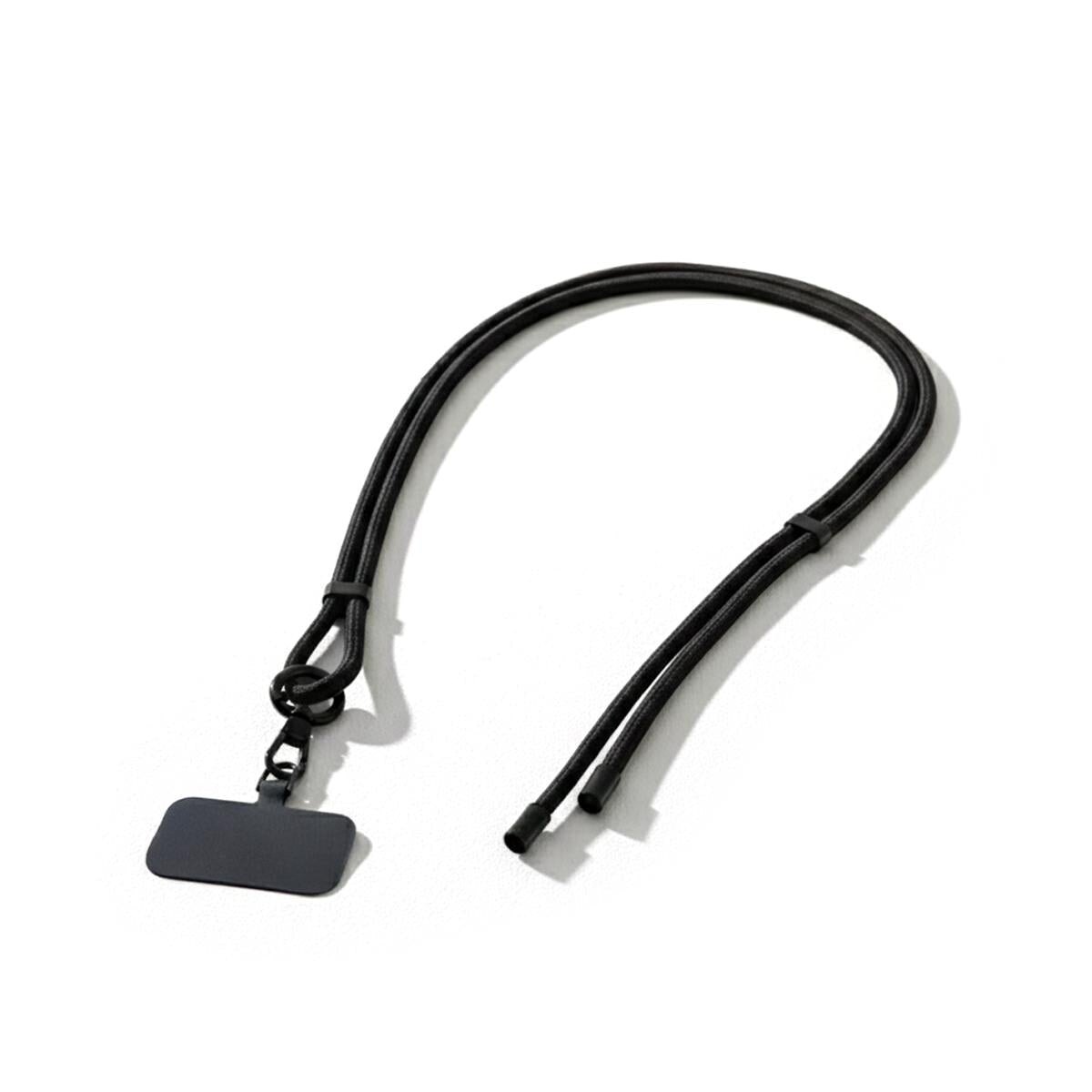 Handykette zum Umhängen in Schwarz aus Nylon, längenverstellbar, mit Karabiner und flachem Adapter