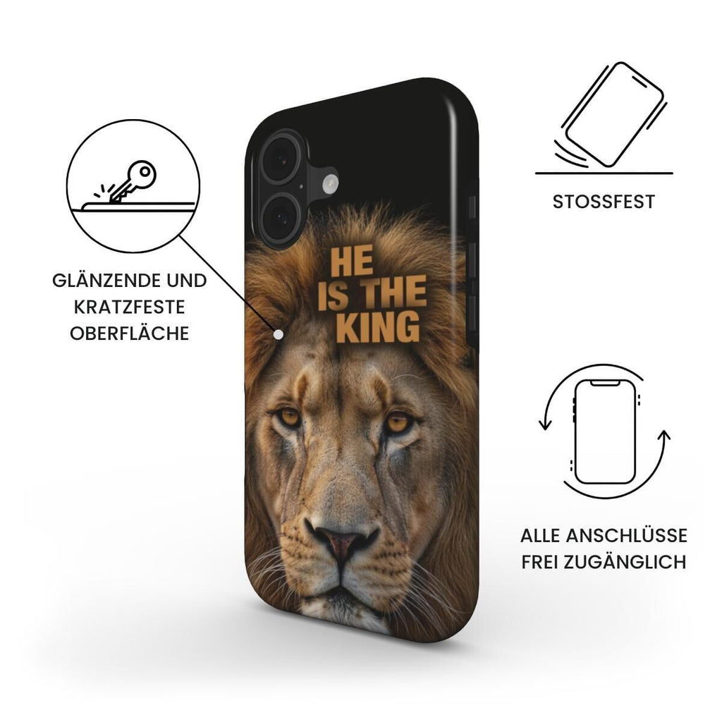Robuste Handyhülle HE IS THE KING mit Löwen-Design, schwarzer Hintergrund – Infografik