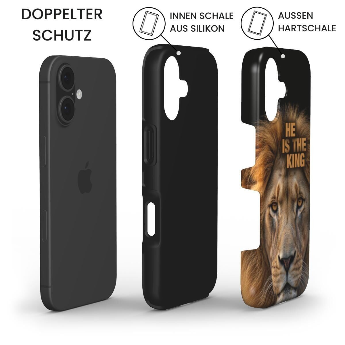 Robuste Handyhülle HE IS THE KING mit Löwen-Design zeigt Doppelschutz-System aus Silikon-Innenschale und Hartschale – Infografik